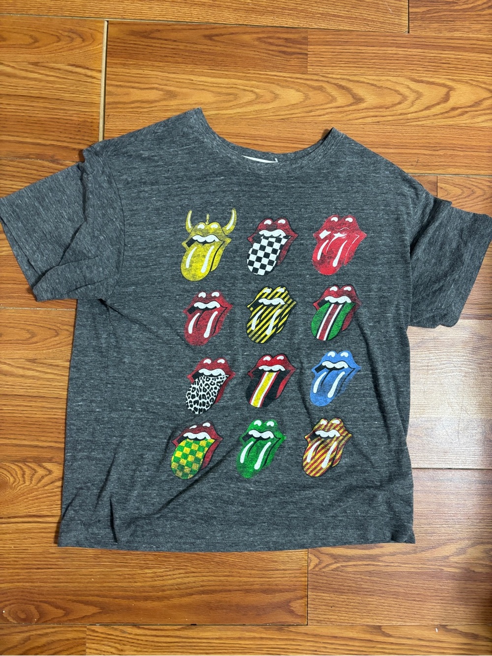 Daydreamer women’s Dark Gray Rolling Stones  Tee with Multi-Color Tongue Icons